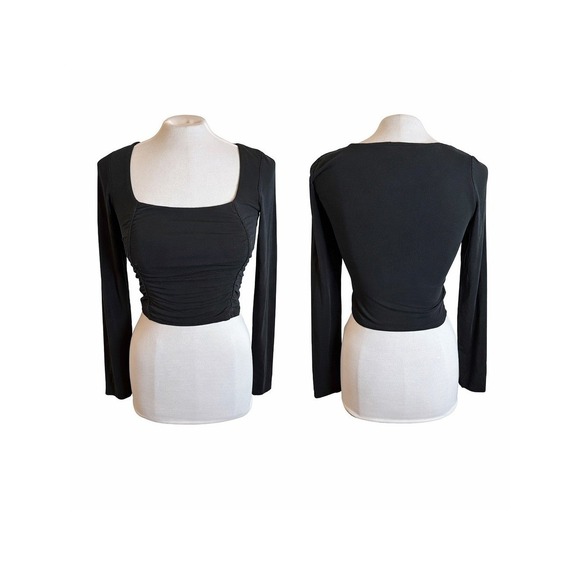 Wilfred Tops - Wilfred Aritzia Black Ruched Long Sleeve Crop Top Womens Size S Acubi E-girl